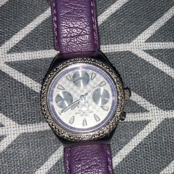 Anne Klien Diamond Bezel Quartz Watch Calendar Day Date Month Purple Band - Picture 1 of 7